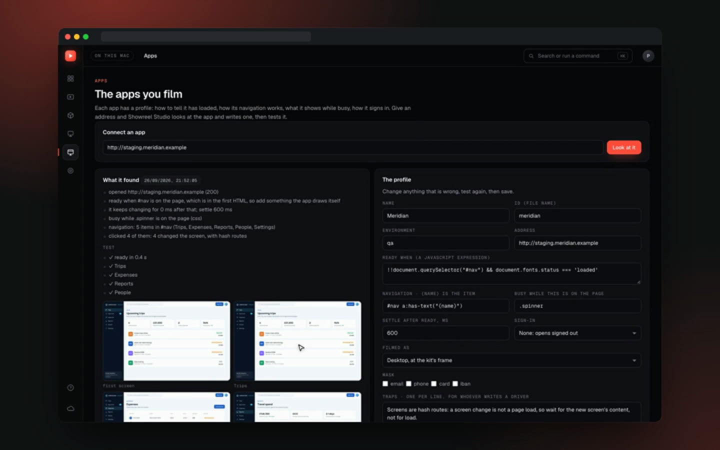 Connecting an app: what Showreel Studio found, and the screens it reached