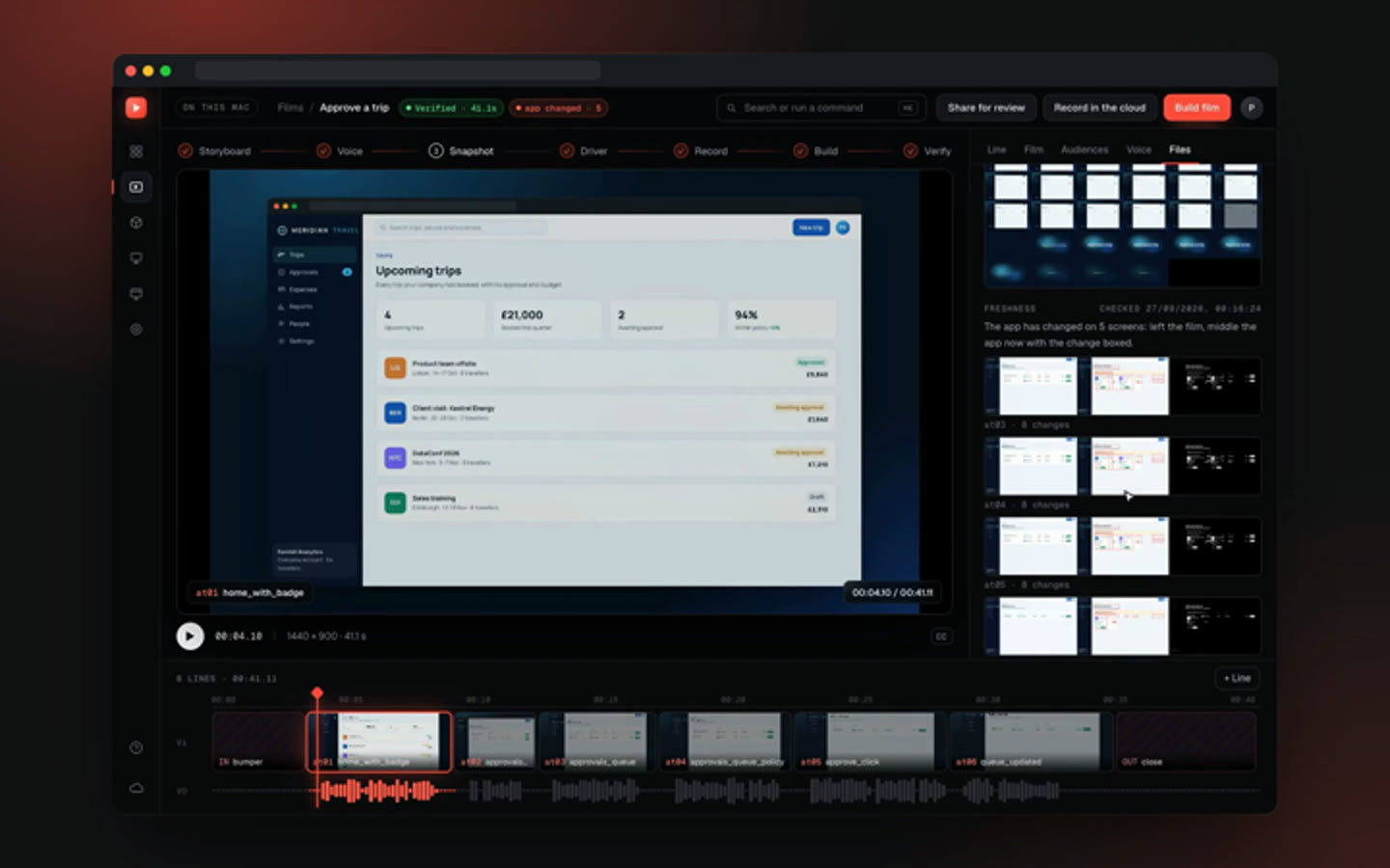 A freshness check in Showreel Studio: the screens that changed, with the differences boxed